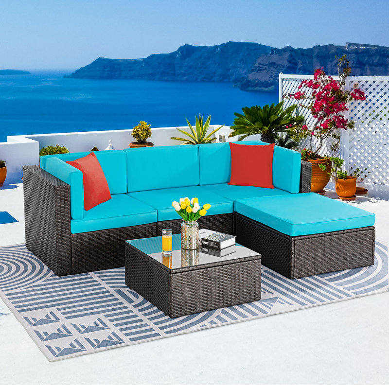 Ensemble de conversation modulaire en rotin 4 pièces avec coussins, Bleu