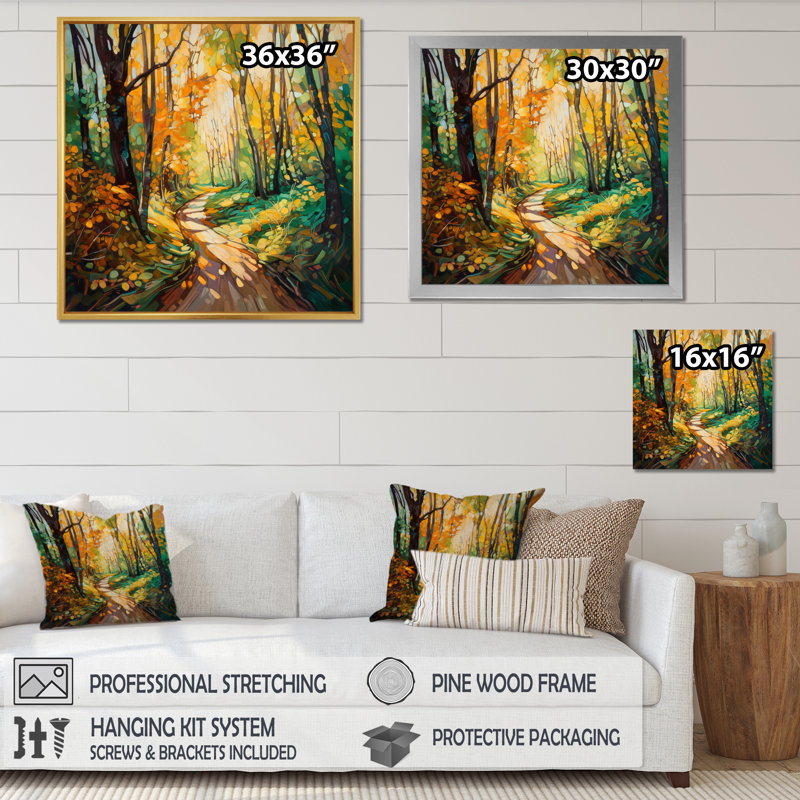 Lumière du soleil à travers les arbres en forêt d'automne - décoration murale forêt, Cadre flottant blanc, 30" H x 30" W