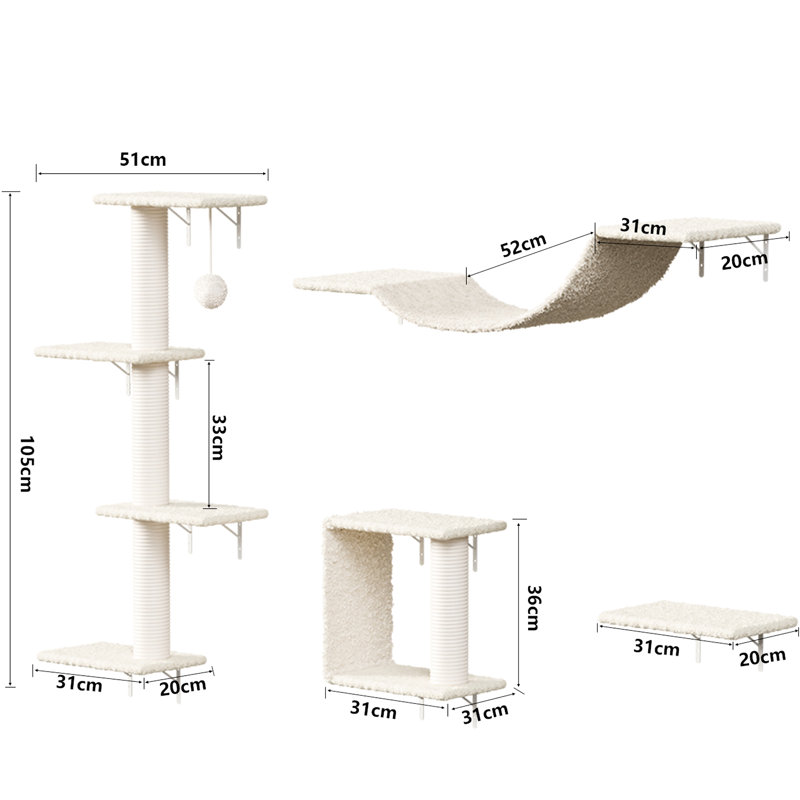 Meuble pour chat 4 pièces avec tablettes, pont, marches et arbre en corde, fabrication de panneaux de particules, structure verticale peu encombrante, mur de bricolage personnalisable, conception facile à installer et réglable
