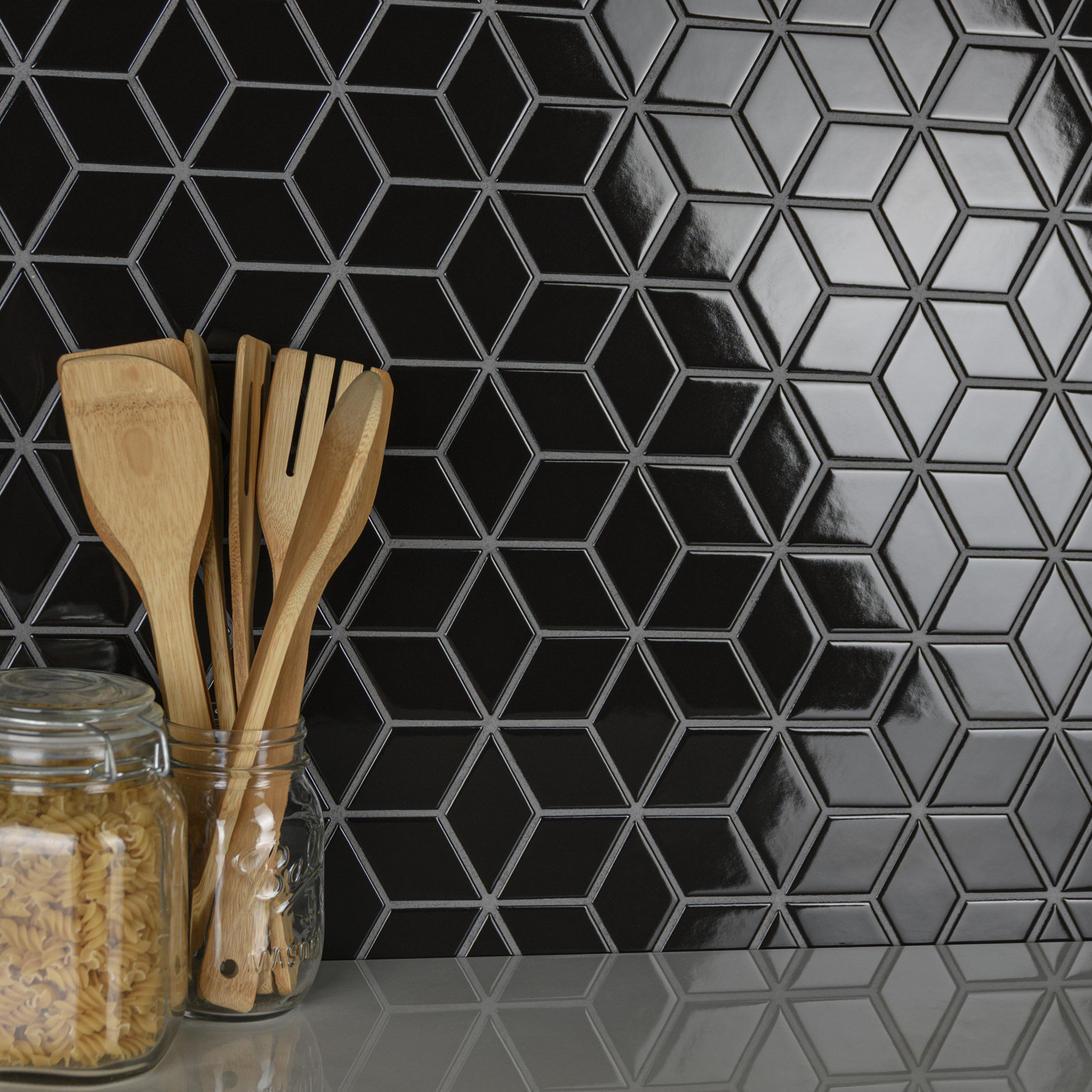Metro Rhombus 10-1/2 " x 12-1/8 " Porcelain Mosaic Floor & Wall Tile, Glossy Black