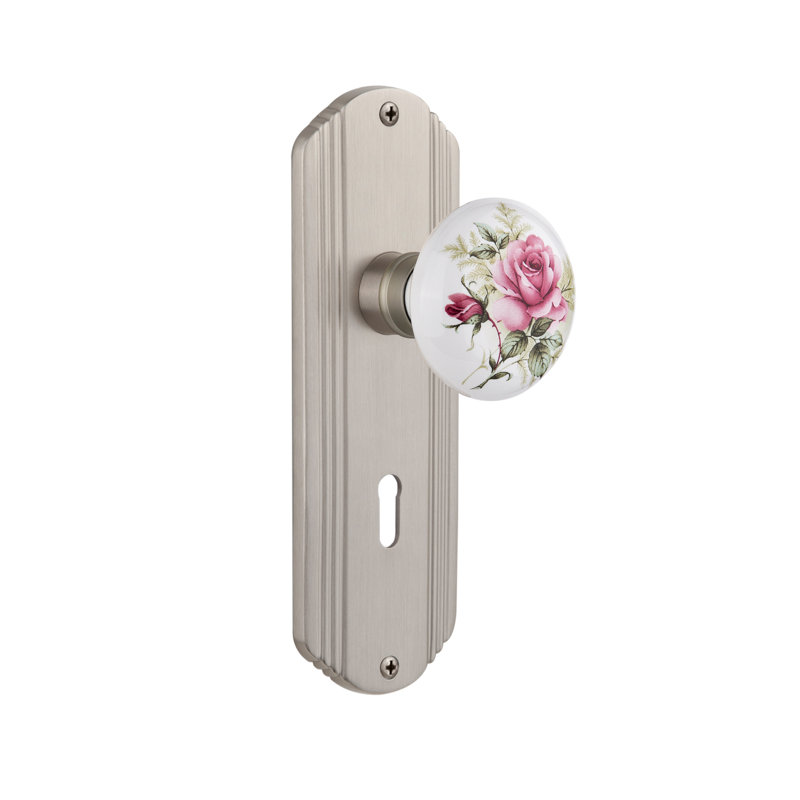 Deco Plate with Decorative Keyhole and White Rose Porcelain Door Knob, 2-3/4”, Satin Nickel