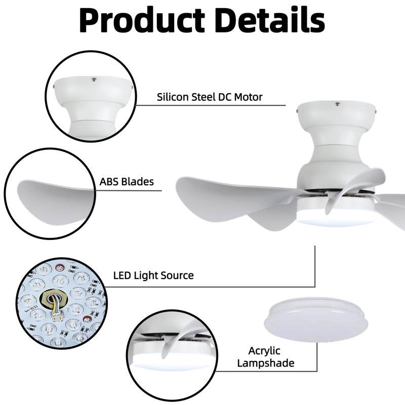 30" White Modern Flush Mount Ceiling Fan with Dimmable LED Light, DC Motor, 5 ABS Blades, Remote Control for Living Room or Bedroom