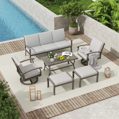 6-Piece Aluminum Patio Conversation Set With Coffee Table, Ottomans And Light Gray Cushions