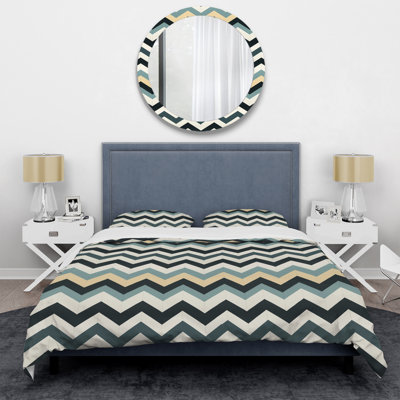 Grey White Geometric Neutrals Chevron Pattern II Polyester Chevron / Zig Zag Duvet Cover Set