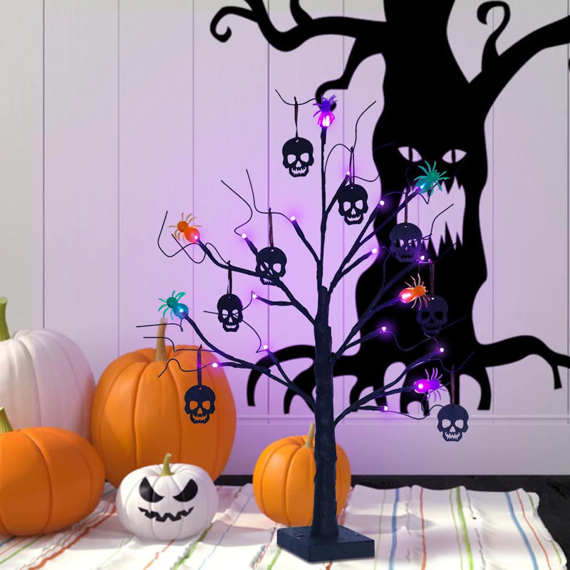 Arbre d'arbre d'Halloween effrayant noir 2 pi avec 24 lumières DEL orange