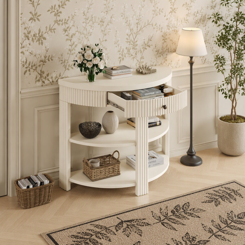 Console cannelée demi-lune avec tiroir et 2 tablettes pour le hall d'entrée, le salon et le couloir, Crème, Crème, Cream