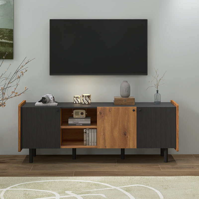 Meuble télé Mid-Century avec 3 armoires, console multimédia pour téléviseur de 70 po ou moins, centre de divertissement avec rangement