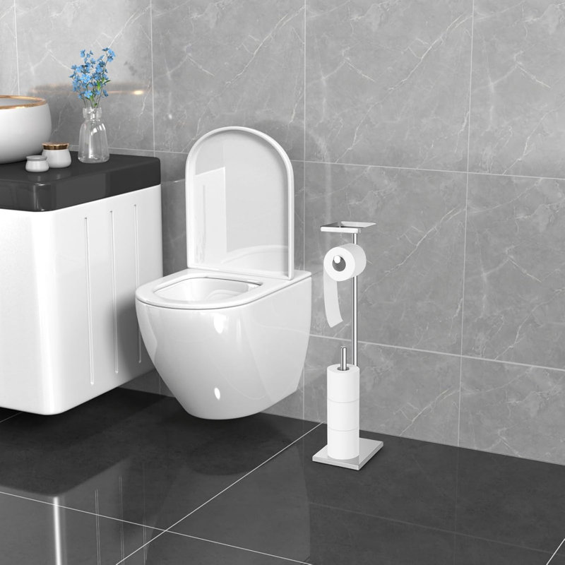 Silver 73 x 20 x 16 cm Free Standing Toilet Roll Holder with Top Storage Tray