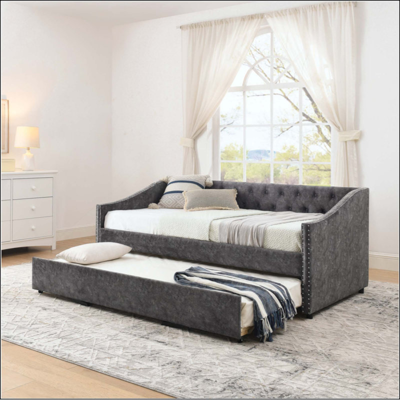 Lit de jour avec charge USB et lit extensible escamotable, avec bouton sur le dos et clou en cuivre sur les accoudoirs ondulés (81 po x 42 po x 30,75 po)