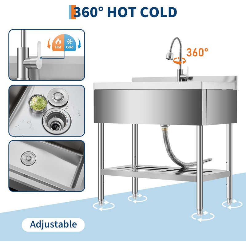 Stainless Steel Utility Sink, Free Standing Single Bowl Kitchen Sink, Adjustable Leg Height, with Faucet, Hot and Cold Water Pipes, Commercial Laundry Tub, Hook for Indoor Outdoor Farmhouse Use