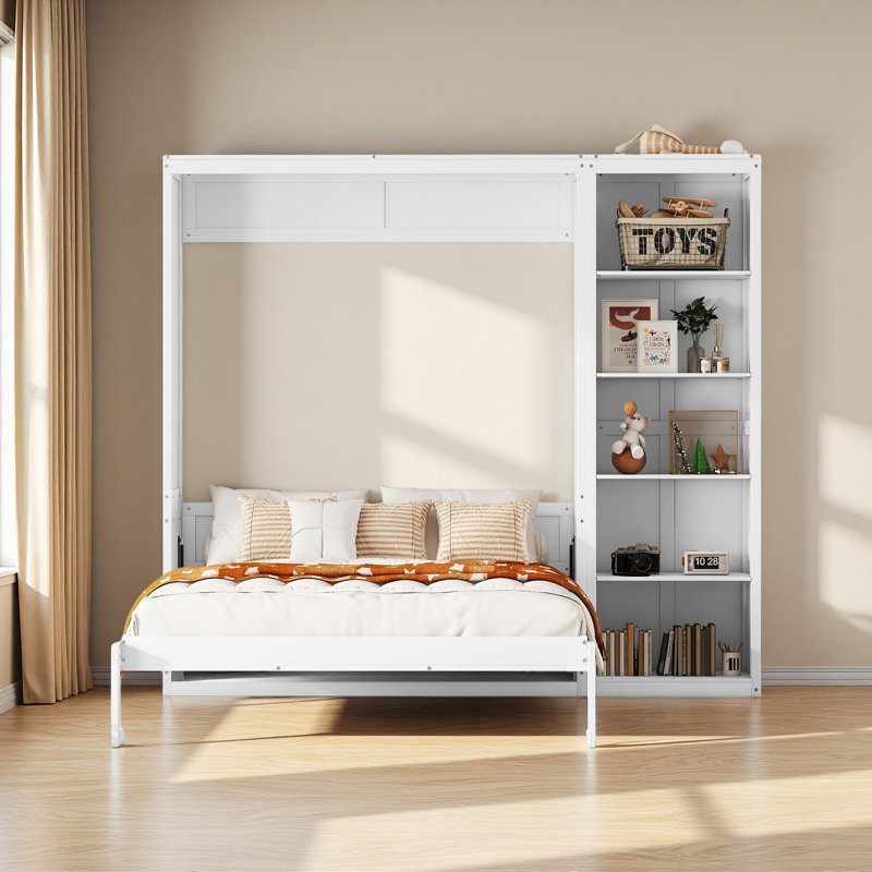 Lit escamotable double pleine grandeur avec tablettes, Blanc