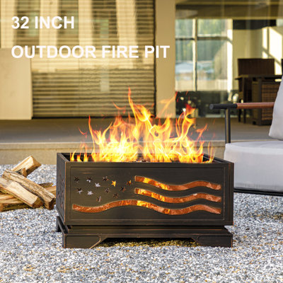 32 Inch Wood Burning Fire Pit, American Flag Firepits for Outside