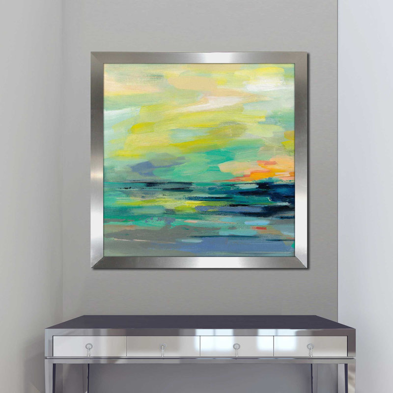 Pacific Beach I - peinture, Encadrement argenté, H 31,5 po x l 31,5 po x P 1 po