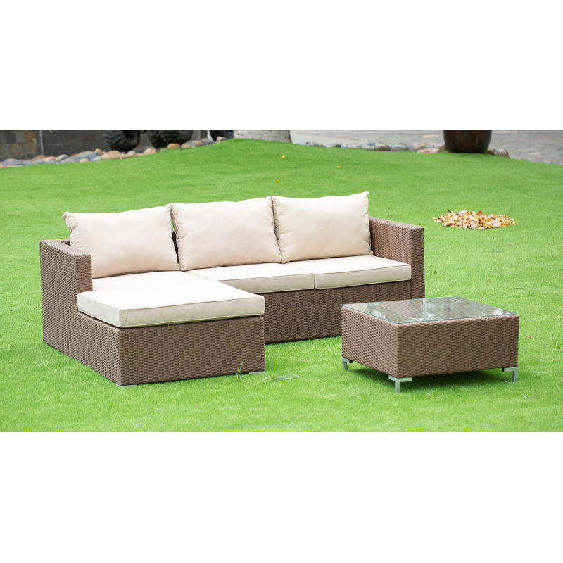 3 Piece Patio Conversation Set - Outdoor Sectional Sofa Set Contains a Rectangle Glass Top Wicker Coffee Table and Linen Fabric Cushion , Brown
