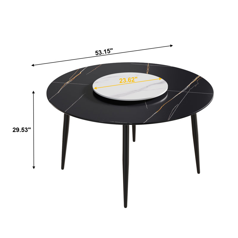 Four-Leg Round Sintered Stone Dining Table With Lazy Susan, Black, Black/White