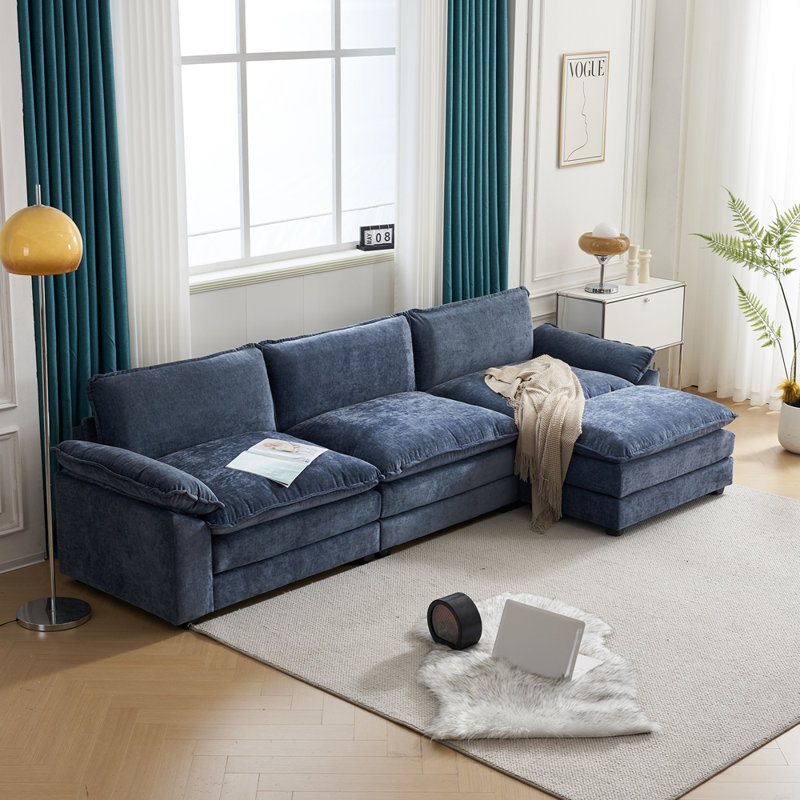 Avrilynn Upholstered Cloud Sofa&Couch with Ottoman, Blue Chenille, 120"W x 32.3"D x 33.5"H (3-Seat)