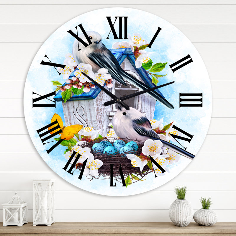 Deux oiseaux mésanges assis près du nid avec œufs II - Horloge murale traditionnelle, Surdimensionné