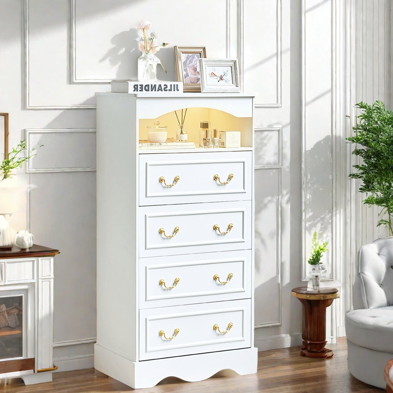 Retro 4 Drawers Dresser With Led Light, French Country Chest of Drawers,  43.3"H Tall Antique Wood Rustic White Dresser for Kid Bedroom, Farmhouse Closet Storage Dressers Organizer & Closet Island, Vintage Design, for Living Room, Hallway Gift