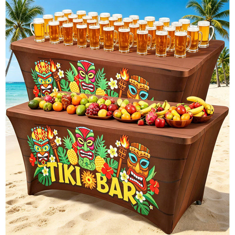Housse de table en élasthanne extensible et lavable 2 pièces, nappe à imprimé tiki élastique, décor tropical Hawaii Luau Aloha pour fêtes d'été au bord de la piscine
