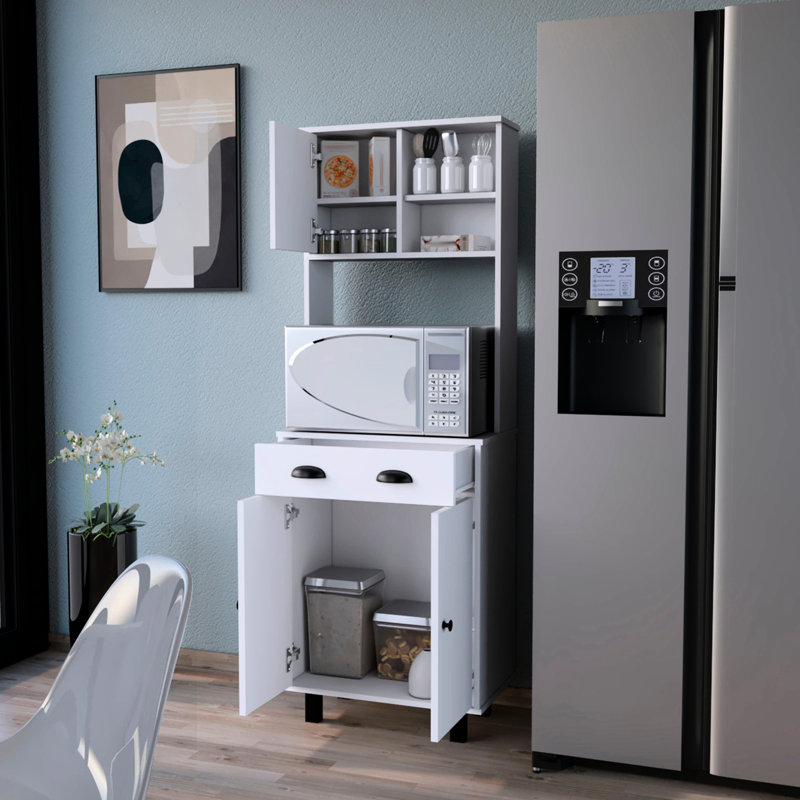 Garde-manger avec grand rangement Tacna, 2 tablettes ouvertes, 1 tiroir, 1 armoire, 2 tablettes, blanc et wengé