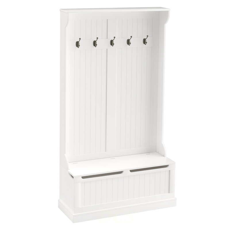 38" 3-In-1 Entryway Hall Tree With Storage Bench, Coat Rack With Four Hooks And Shoe Storage, White, Shoe Storage