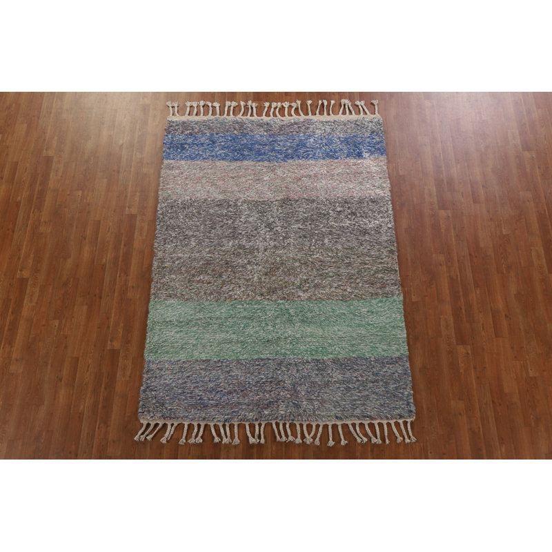 Tapis oriental rayé marocain en peluche noué à la main 5 x 8