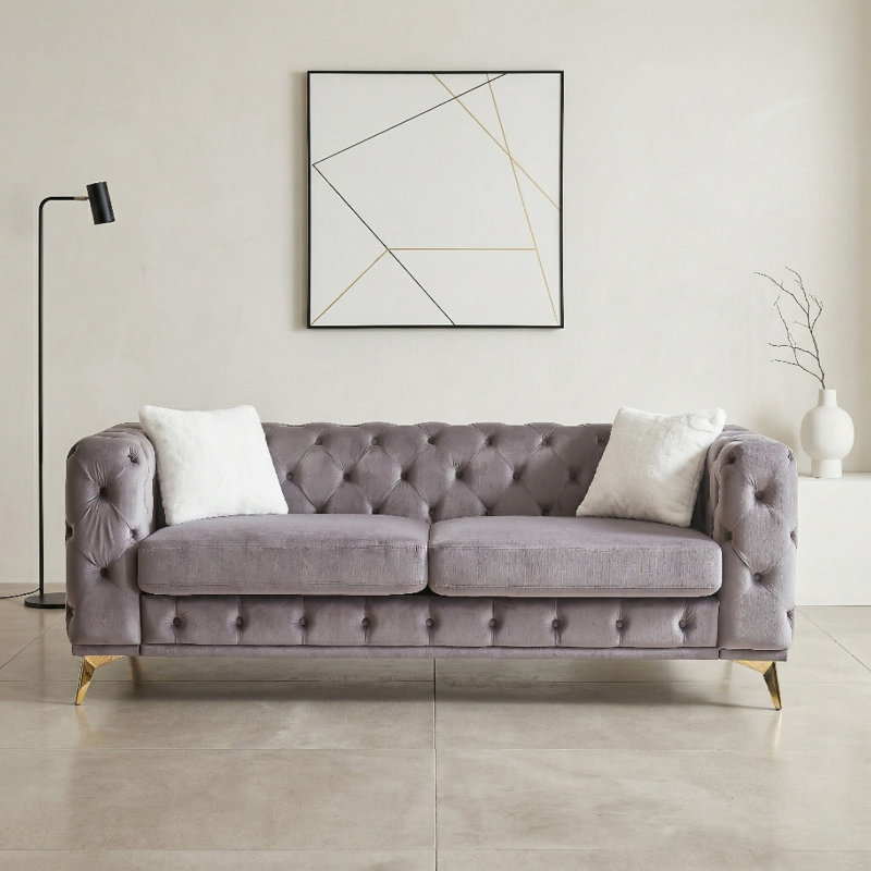 Causeuse Chesterfield en velours capitonné Modern, 3 sièges, Gris