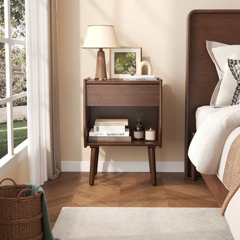 Nightstand With Drawer And Open Compartment, Solid Wood Legs, Dark Brown