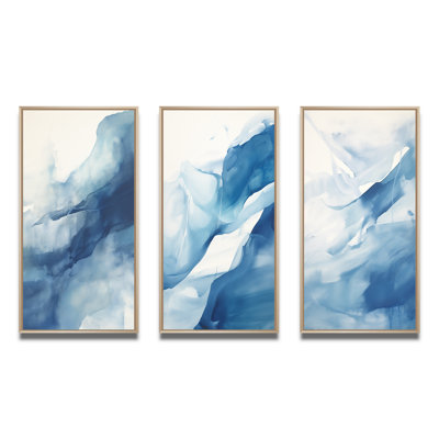 Blue And White Dancing Watercolor Clouds - Abstract Painting Art Set Of 3 Pieces