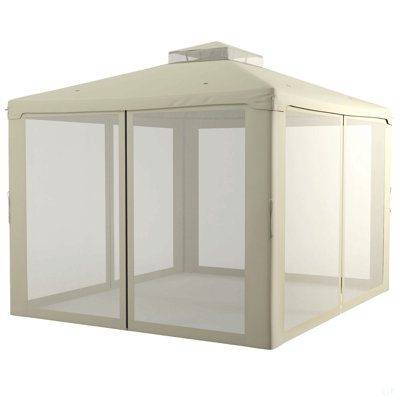 Pavillon de jardin extérieur de 9,6 pi x 11,6 po Outsunny, abri de jardin avec toit à 2 niveaux et filet, structure en acier pour le jardin, la pelouse, la cour et la terrasse, blanc crème