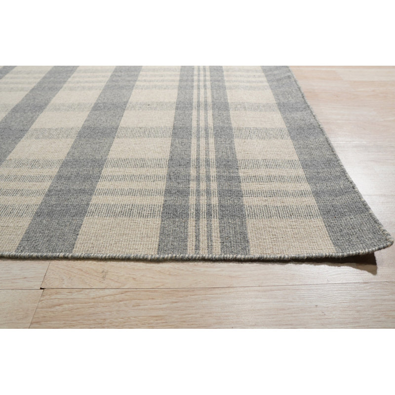 Gray Hand-Knotted Wool Soft Plaid Weave Geometric Modern Contemporary Carpet Rug, 10' x 14'