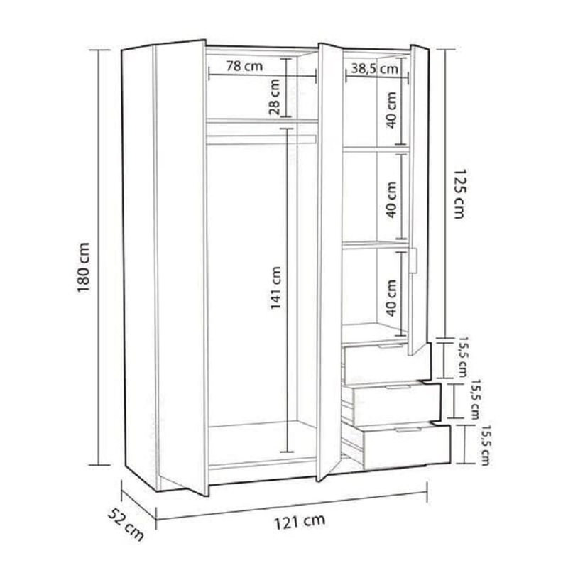 Cairo Oak Effect Compact 3 Door 3 Drawer Space-saving Wardrobe