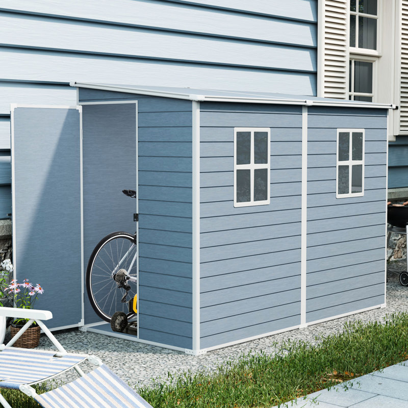 Abri de jardin gris 4x8 pi en résine, avec plancher, deux fenêtres, portes étanches et verrouillables, - Finition, structure stable, montage facile pour patio, cour, pelouse extérieure en gris, construction