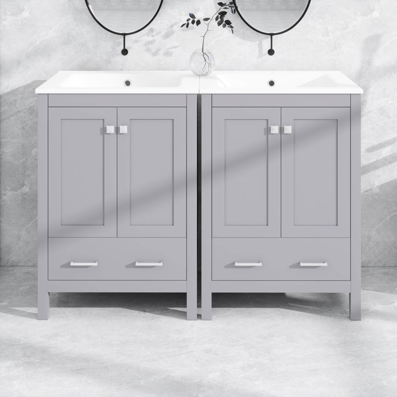 Meuble-lavabo 48 po avec tiroir divisé et tablette de porte double couche, Gris