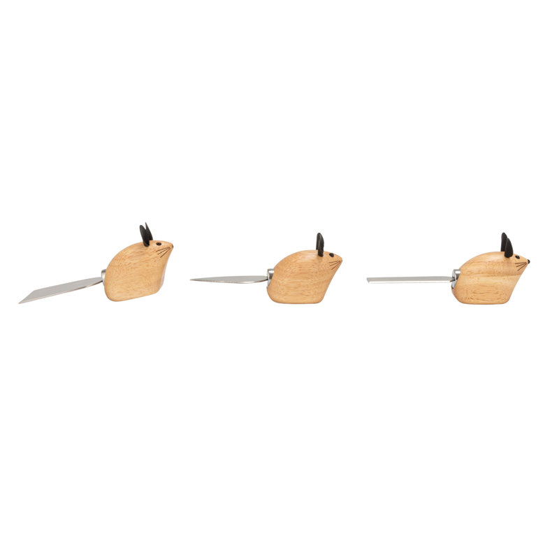 Rubberwood & Stainless Steel Cheese Knives With Mouse Shaped Handles