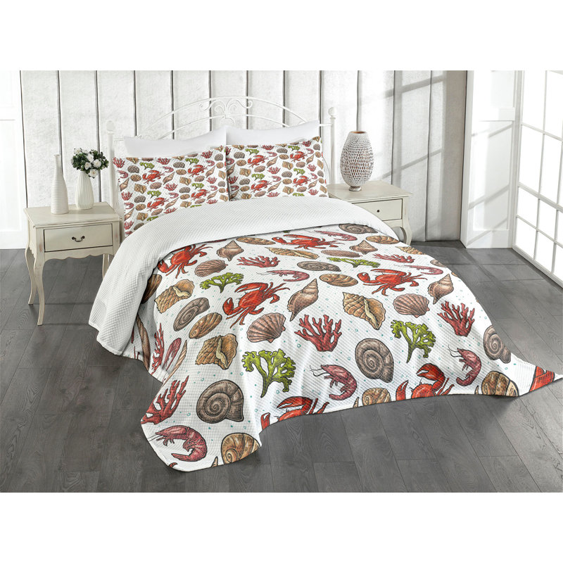 Ambensonne Sea Shells Multicolor Multicolor, King Coverlet/Bedspread + 2 Pillow Shams