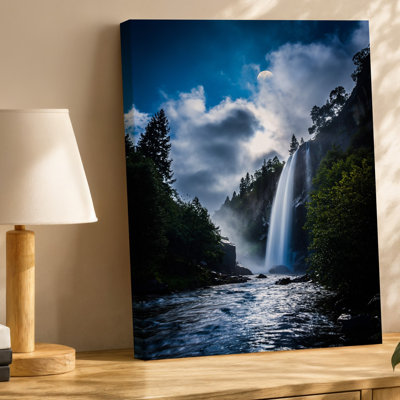 Canvas A Majestic Waterfall Cascades Down Rugged Cliffs Into A Serene Wall Art Pool Below Illuminated By A Large Luminous Full Moon Canvas Wall Art