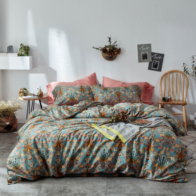 Vintage Style Garden Flower Queen Duvet Cover with Zipper Closure Soft Long Staple Percale Cotton Vibrant Pattern on Flower Bedding Quilt Cover Set(Queen, All Season)