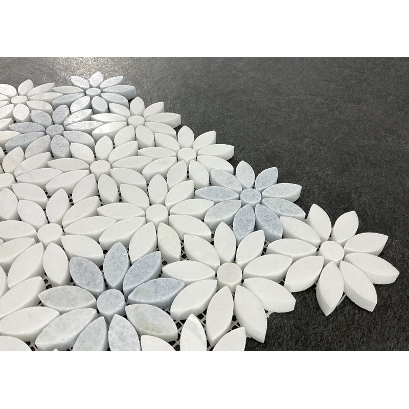 3" x 3" Thassos White and Blue Celeste Marble Daisy Novelty Mosaic Wall & Floor Tile (Set of 10)