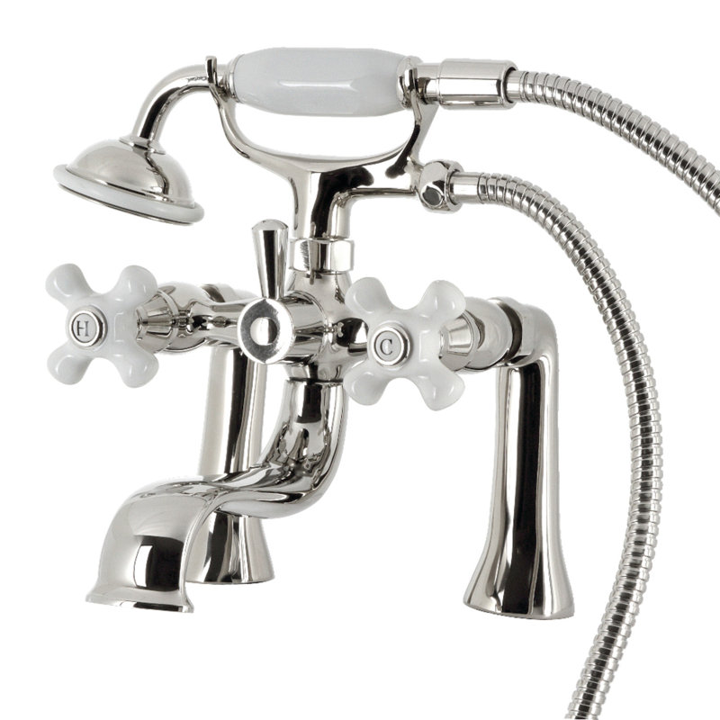 Kingston Brass Kingston Three-Handle 2-Hole Deck Mount Clawfoot Tub Faucet with Hand Shower, Polished Nickel