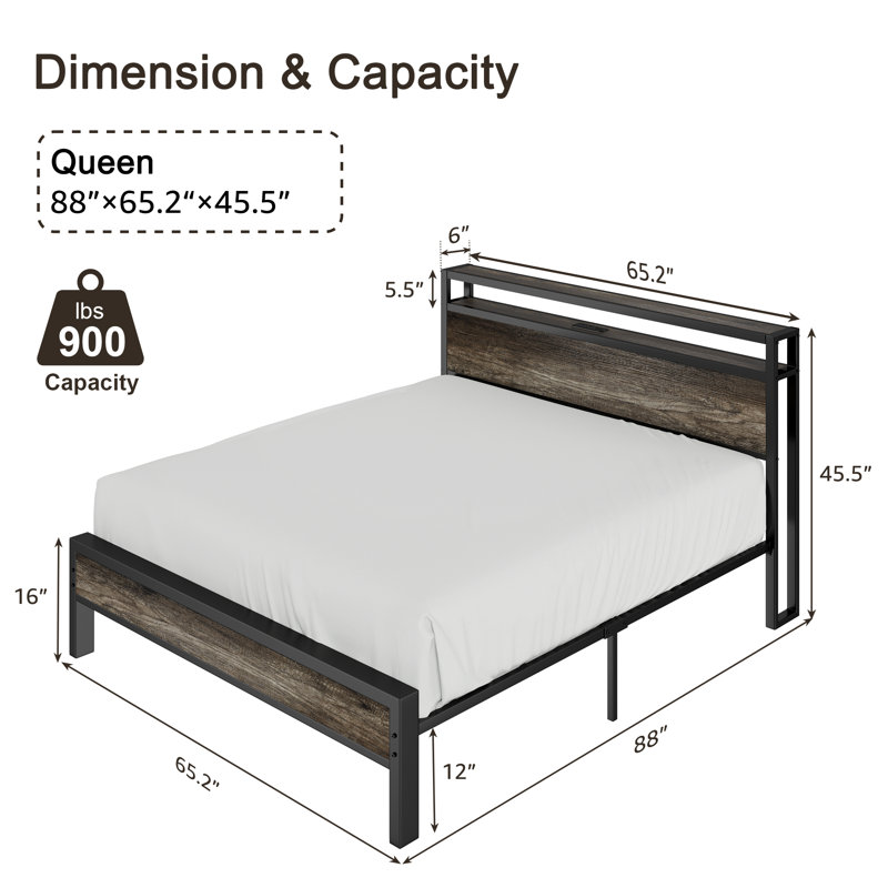 Lit plateforme industriel avec base de charge Tryston, Grand, Gris rustique