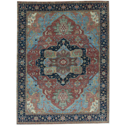 Tapis rouge et bleu noué à la main de haute qualité