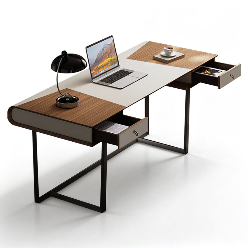 Walnut Veneer Faux Leather Writing Desk with Storage Drawers