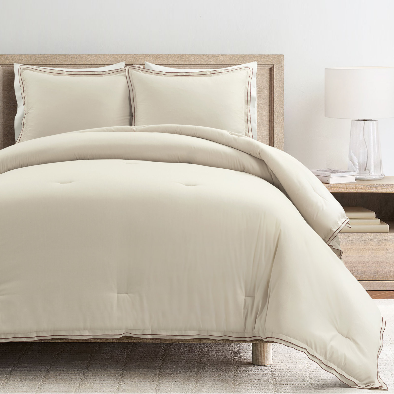 Hampton Embroidered Cotton Comforter Set, King Comforter + 2 King Shams, Beige