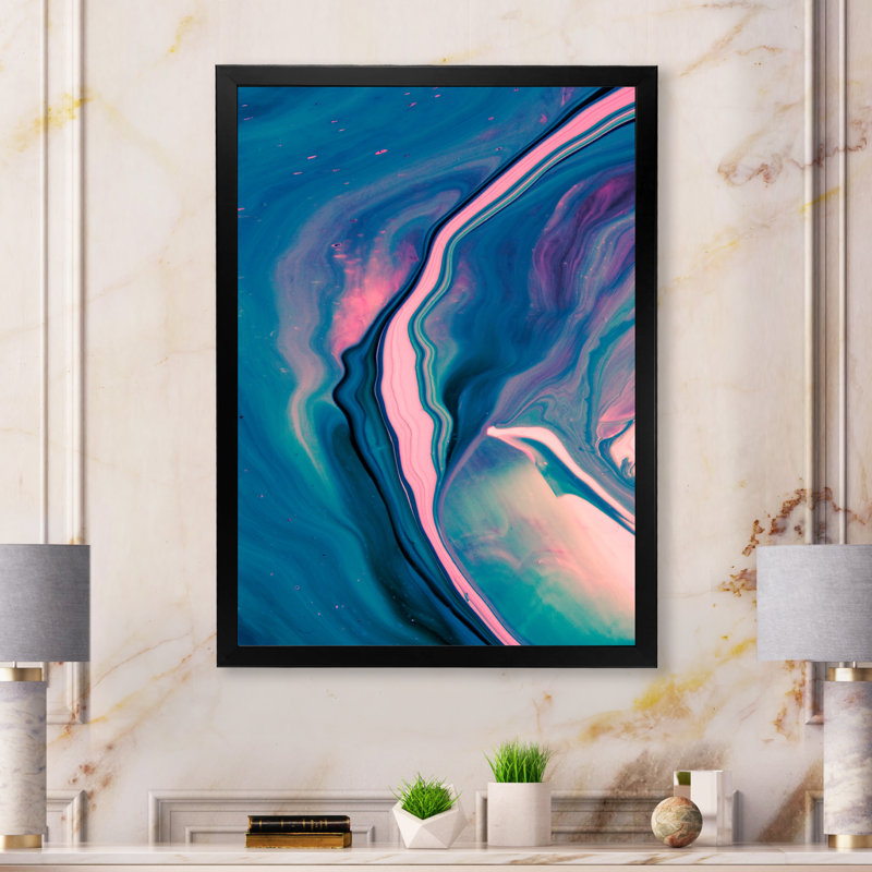 Décoration murale moderne sur toile de luxe en bleu et rose, Toile avec cadre noir, H 20 po x l 12 po x P 1 po
