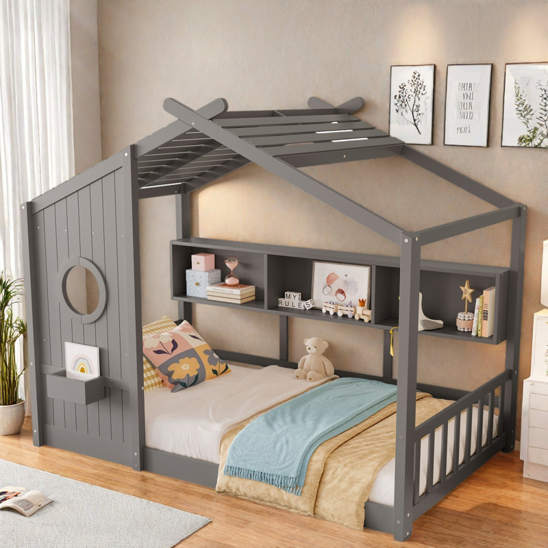 Lit sur pied avec tablettes de rangement, Lit simple, Gris