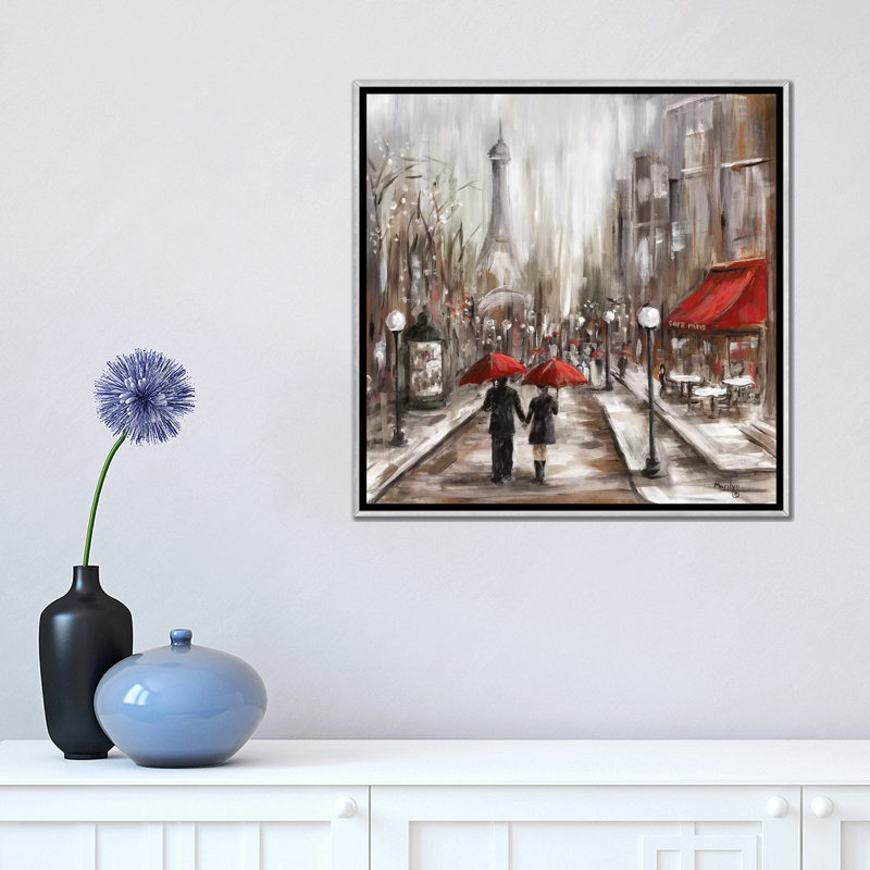 «Rainy Af après-midi Café» par Marilyn Dunlap - impression, H 18 po x l 18 po x 1,5 po, Toile avec cadre argenté