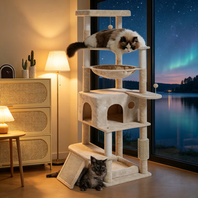 Large Multi-Level Cat Tree Tower for Indoor Cats, Tall Cat Condo with Hammock, Top Perch, Sisal Scratching Posts & Ramp, Anti-Tipping Stable Cat Activity Play Center for Large Kittens, Beige/Gray Available
