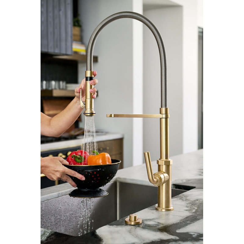 Culinary Pull-Out Kitchen Faucet With Squeeze Sprayer, Satin Nickel, Teak Lever