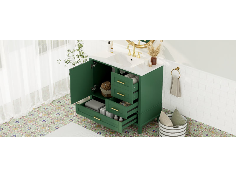 Meuble-lavabo 36 po avec cadre en pin massif, Vert, Or